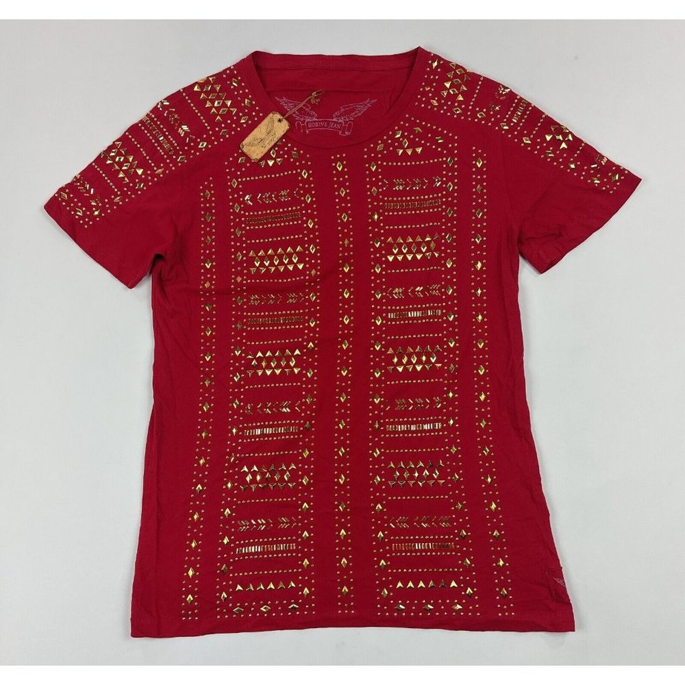 Robins Jean Mens Large Red Gold Studded Embellished Crew Short Sleeve T Shirt
